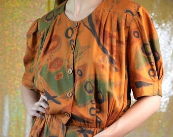 Vintage Jumpsuit with Abstract Pattern 70s 80s in muted orange / Made in West Germany