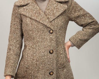 Vintage Tweed Wool Coat in Brown, Speckled | Pure Wool, Tailored | Made in Europe, 1970s