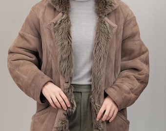 Vintage Shearling Maxi-Coat in Taupe | Women's Long Suede Leather and Lambswool Coat | Size L-XL | Made in Italy