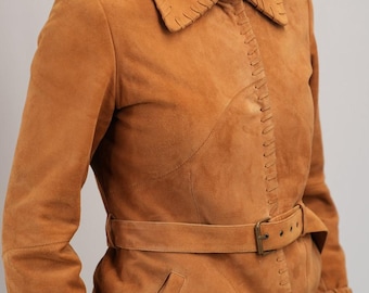 Vintage Suede Leather Jacket in Tan with Whipstitch and Belt | Women's Size S-M | 90s, Made in Italy
