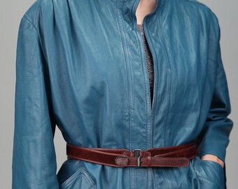 Vintage Blue Leather Coat with Mandarin Collar | Women's L | 80s, Made in Italy
