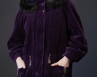 Vintage Velvet Parka Coat in Purple with Hood | Fulwiline | 1990s