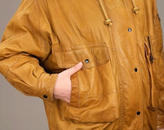 Mustard Yellow Nappa Leather Jacket | 90s Vintage, by Gil Bret | Unisex Leather Bomber-Jacket | Men's L, Women's XXL
