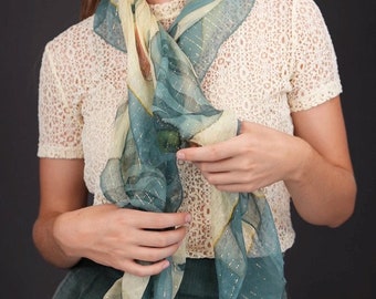 Hand-Painted Silk Foulard, Vintage 1990s with Flower Design | Pure Silk, Made in China