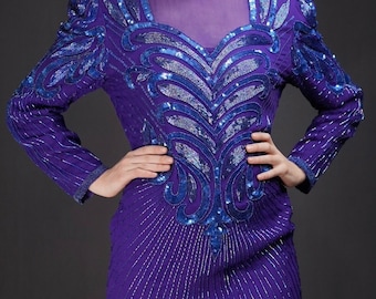 Vestido de fiesta de seda morada con cuentas estilo años 80 de Maison Magique / Vestido de cóctel con lentejuelas bordadas a mano / Talla M