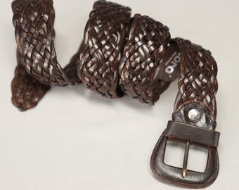 Vintage Abro Brown Woven Leather Belt | Made in Italy | Soft Full Grain Leather | EU 80 / US W31–32