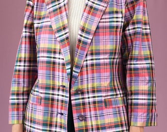 Blazer deslumbrante de seda pura com padrão xadrez colorido | Blazer feminino de seda sob medida, vintage