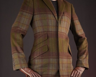 Purple Label Pure Cashmere Ralph Lauren Coat | Vintage | Tartan Pattern Khaki Green & Muted Red | Made in USA