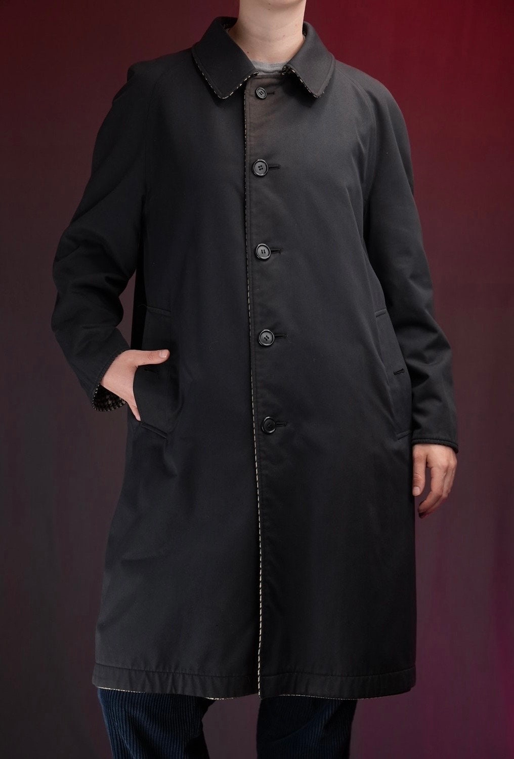 80's【Burberrys Black Trench Coat】 Burberrys Invertible Vintage Trench-coat With Houndstooth
