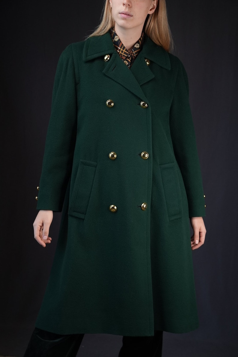 Aquascutum Dark Green Double-Breasted Vintage Wool Coat 20% Cashmere Made in England image 2