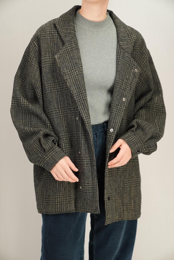 Vintage Tweed Wool Coat in Dark Green | Relaxed Fit With 