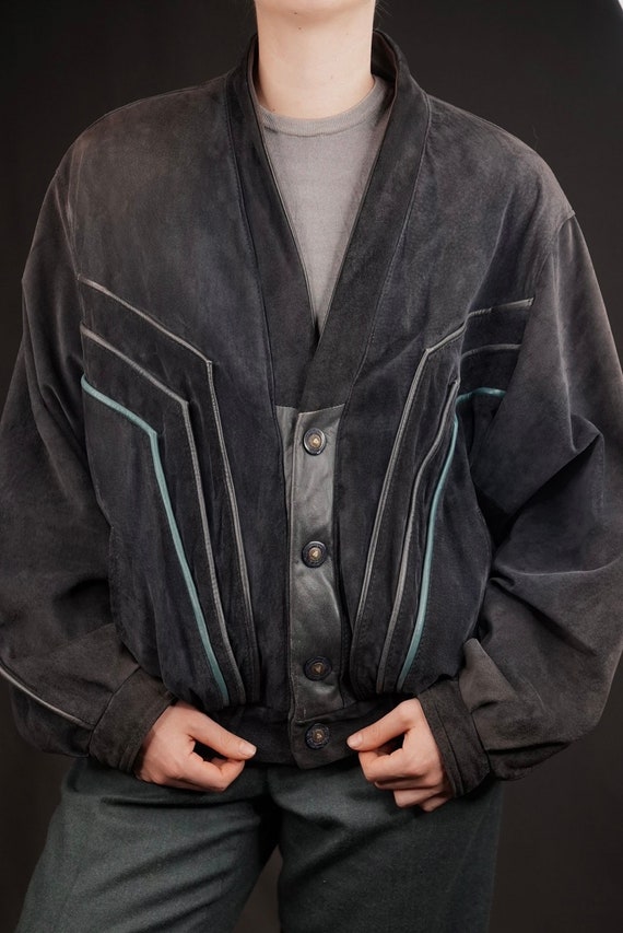 Suede Leather Blouson Jacket Vintage in Dark Blue… - image 2