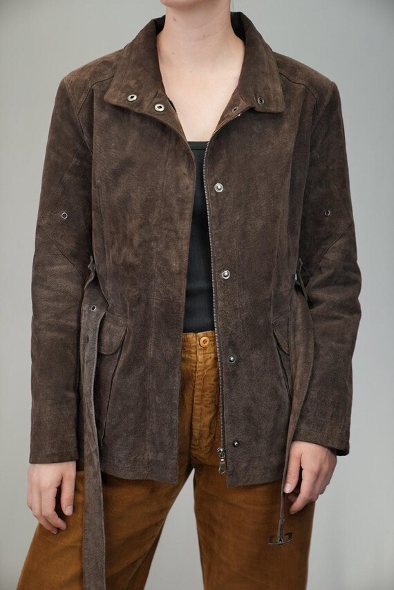 90s Brown Suede Jacket | Belted Vintage Leather Coat | Midi-length