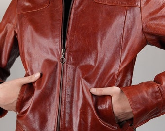 Rusty Red Leather Jacket Women's | Stefanel 90s Leather Jacket with Zipper