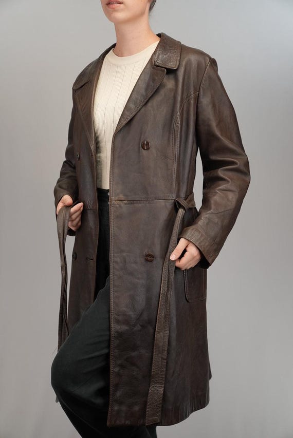 Vintage Leather Trench-coat in Dark Chocolate Brown | Thick