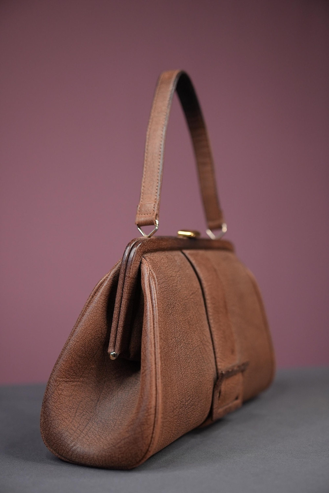 Mid-century Leather Handbag in Toffee Brown | Women's Vintage Handbag 1960s | Desiree Bag, photo 4 sur 5