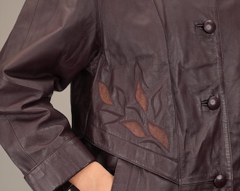 Artisanally made Aubergine Embroided 90s Leather Coat | Women's XL | In Excellent Condition