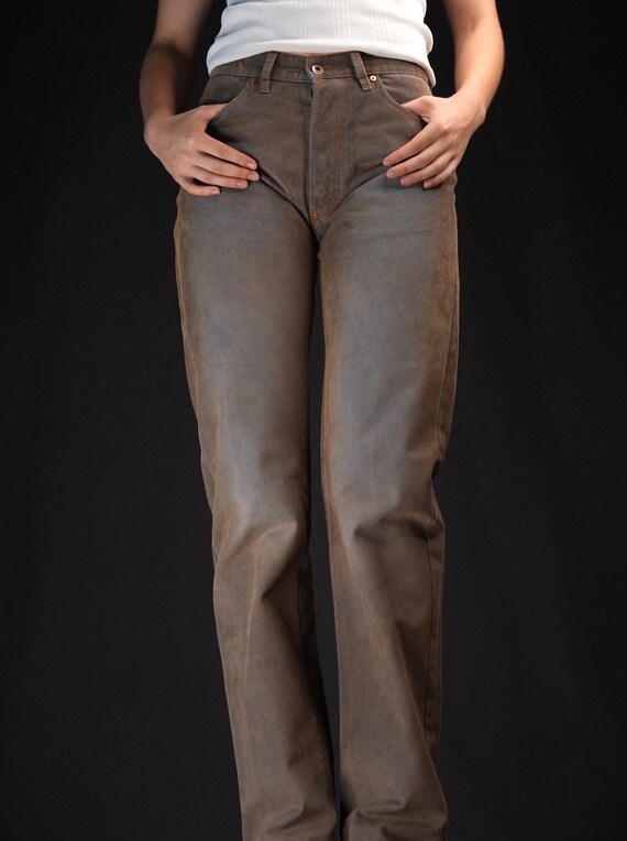 Pantalon en velours cotele fin ZARA vintage des annees 90 bleu dore