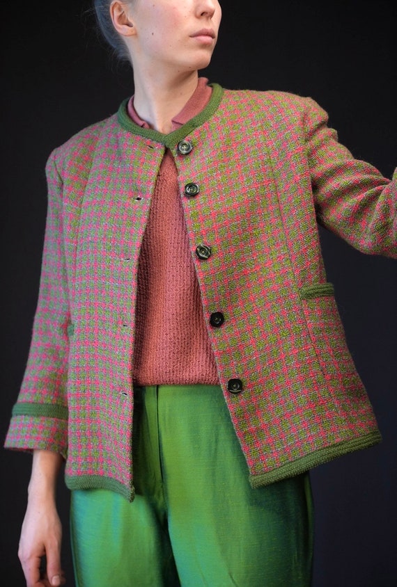 Boucle Vintage Jacket in Green and Pink Tartan | … - image 1