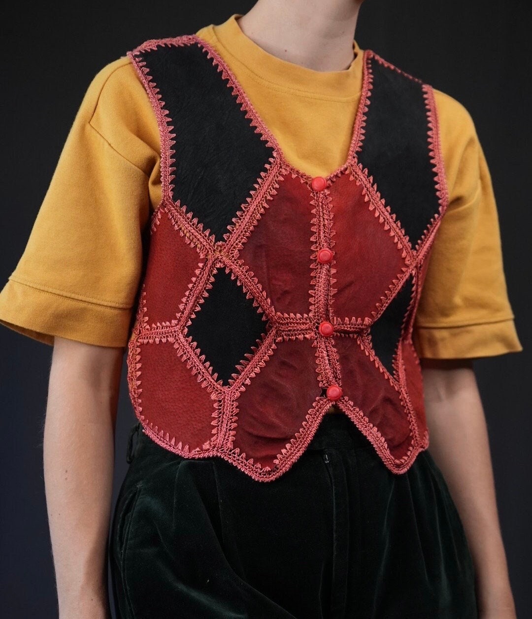 Suede Leather Vest Patchwork with Crochet Details Red Black Suede Leather Vest Patchwork with Crochet Details Red Black