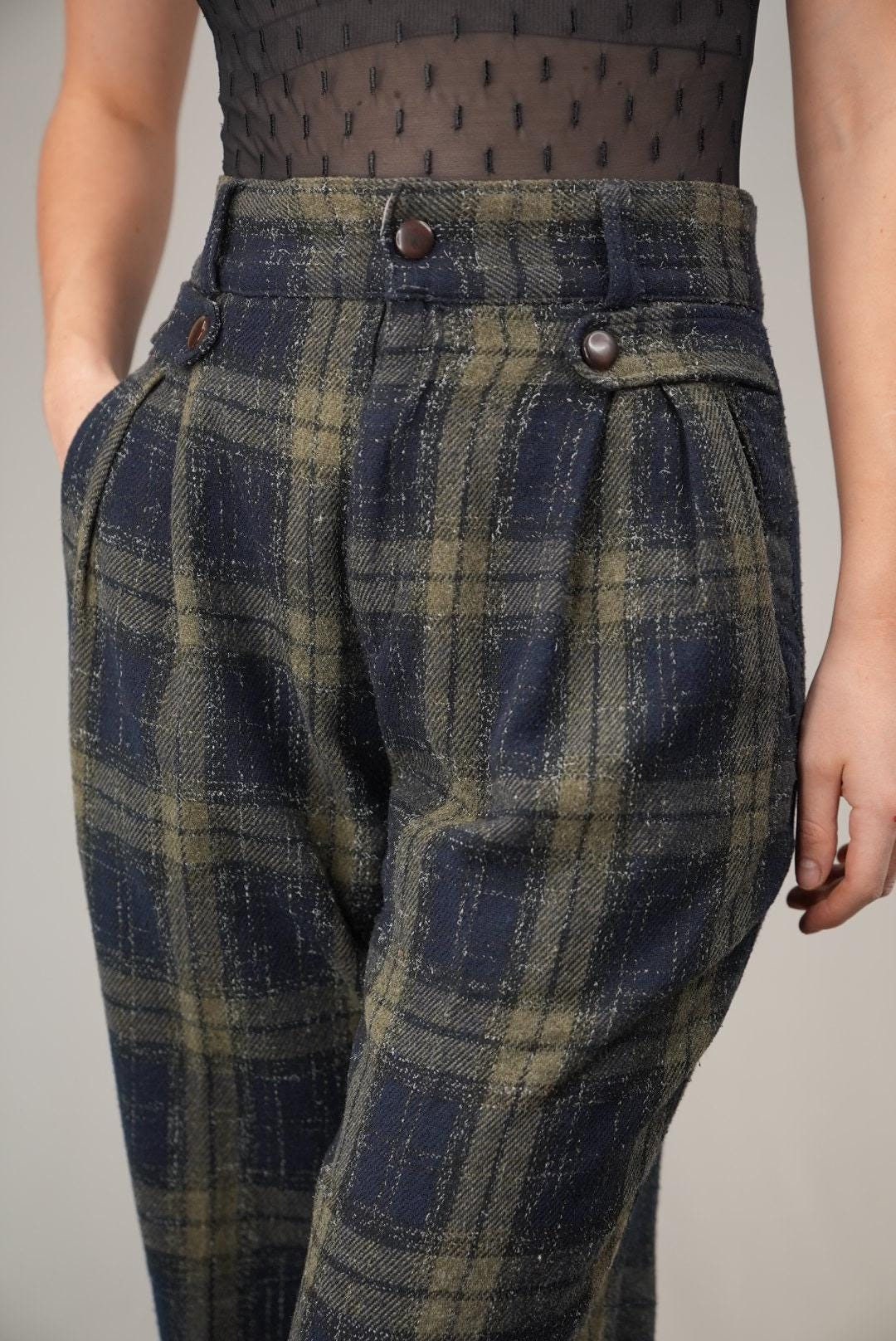 Rifle Plaid Wool Blend Trousers | Vintage | Size W33 L34 | Women's XL ...