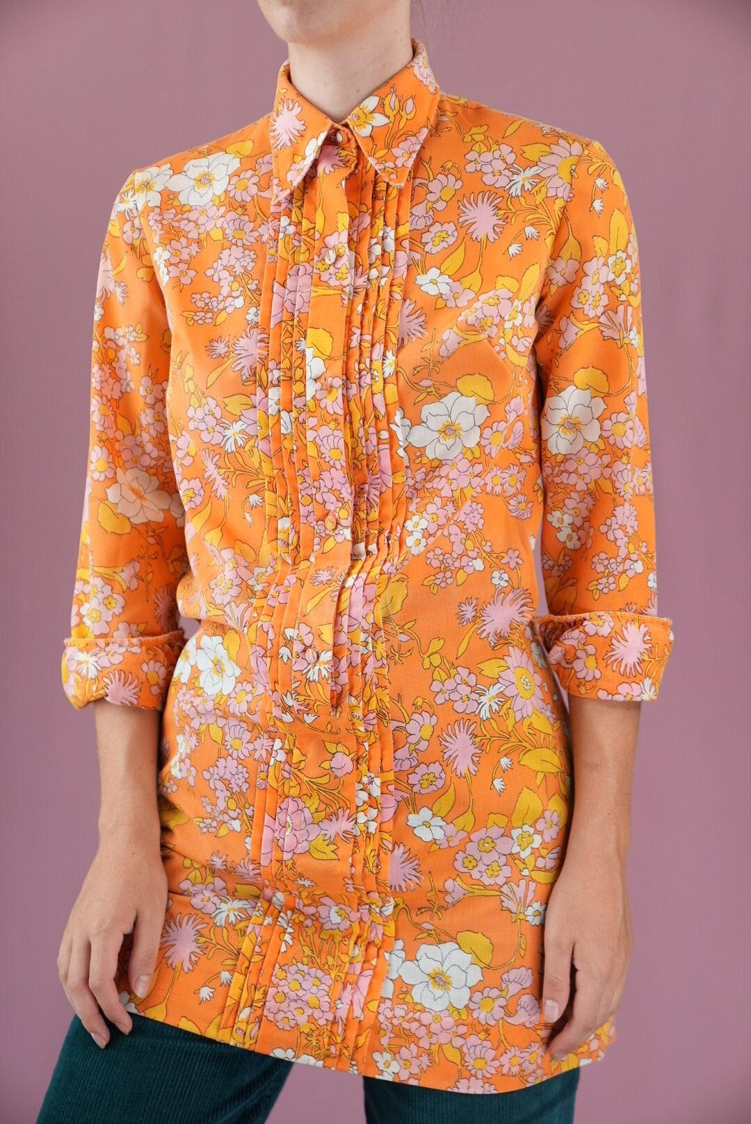 60s FLORAL ACCORDION BLOUSE - O/S