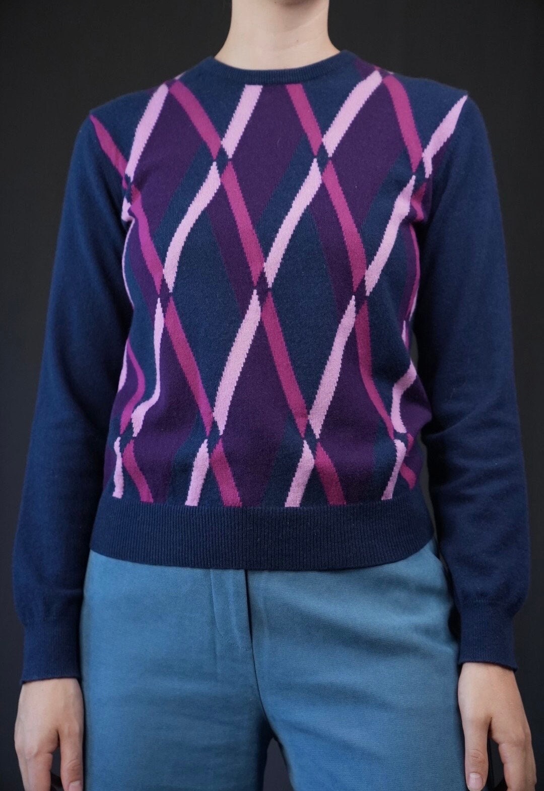 Ballantyne Pure Cashmere Sweater Argyle Pattern Blue Purple