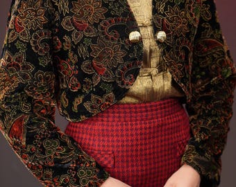Festive Velvet Bolero Jacket | with Floral Pattern and Golden Elements | Size M | 80s Vintage, Pure Cotton