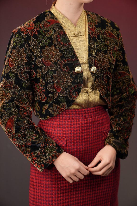Festive Velvet Bolero Jacket With Floral Pattern and Golden