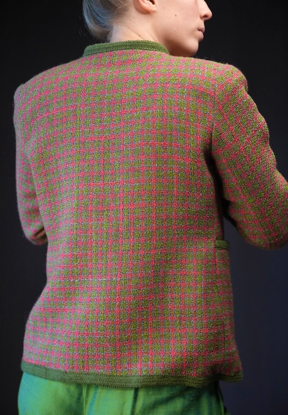 Boucle Vintage Jacket in Green and Pink Tartan | … - image 5
