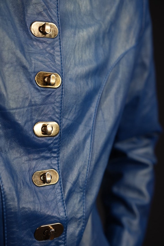 Cobalt Blue Vintage Leather Jacket Cropped with G… - image 5