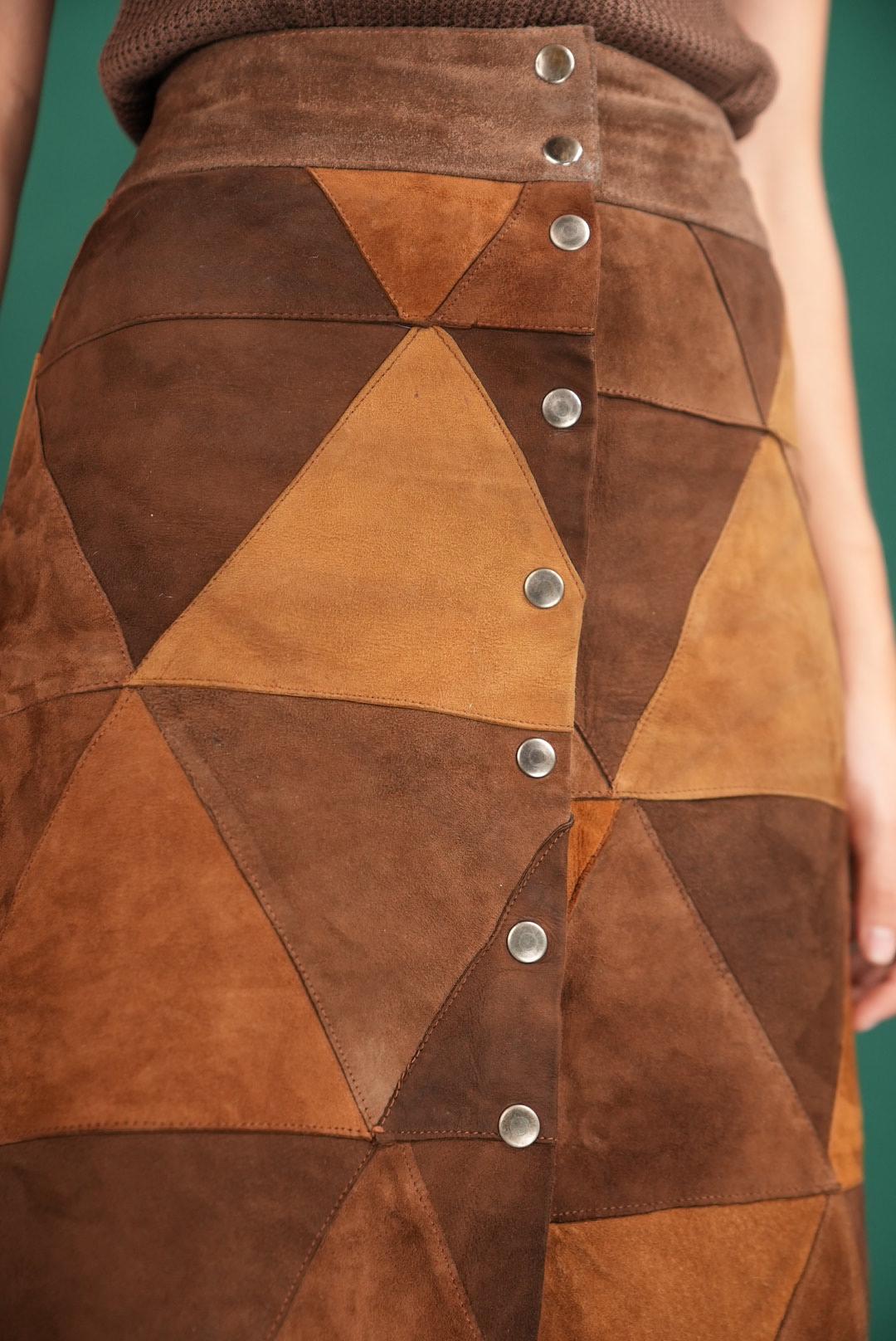 1970s A-line Suede Leather Skirt With Patchwork Pattern in Natural