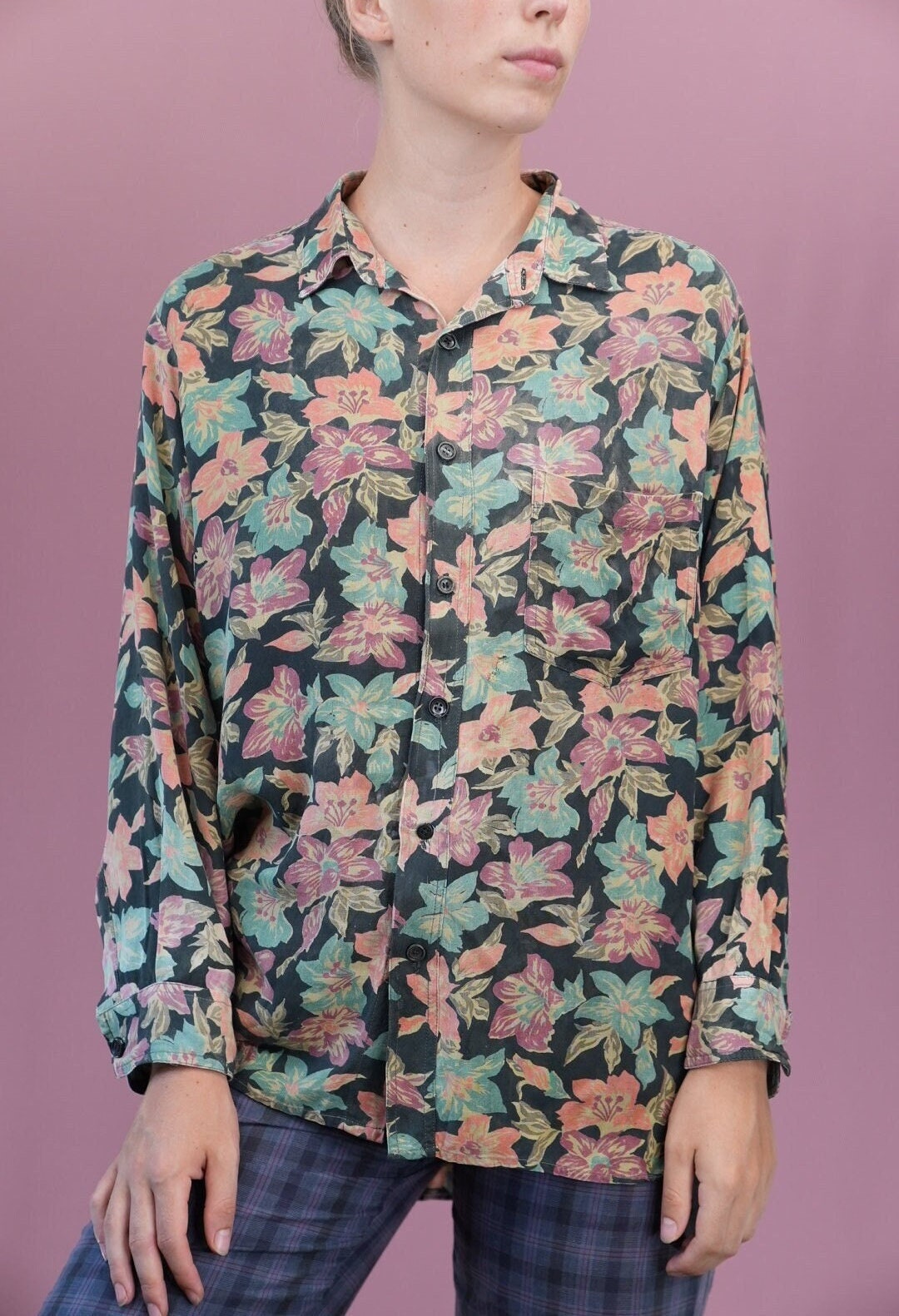 90s Flower Print Button-up Shirt | Women's Size XL-XXL