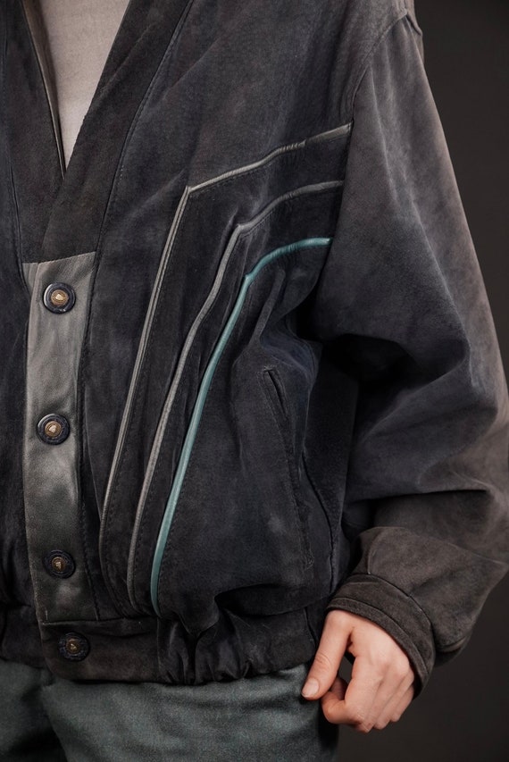 Suede Leather Blouson Jacket Vintage in Dark Blue… - image 5