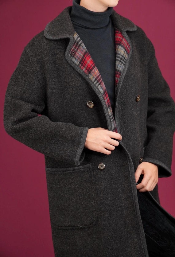 Merlet Loden Coat, Virgin Wool in Charcoal Grey With Red Checkered