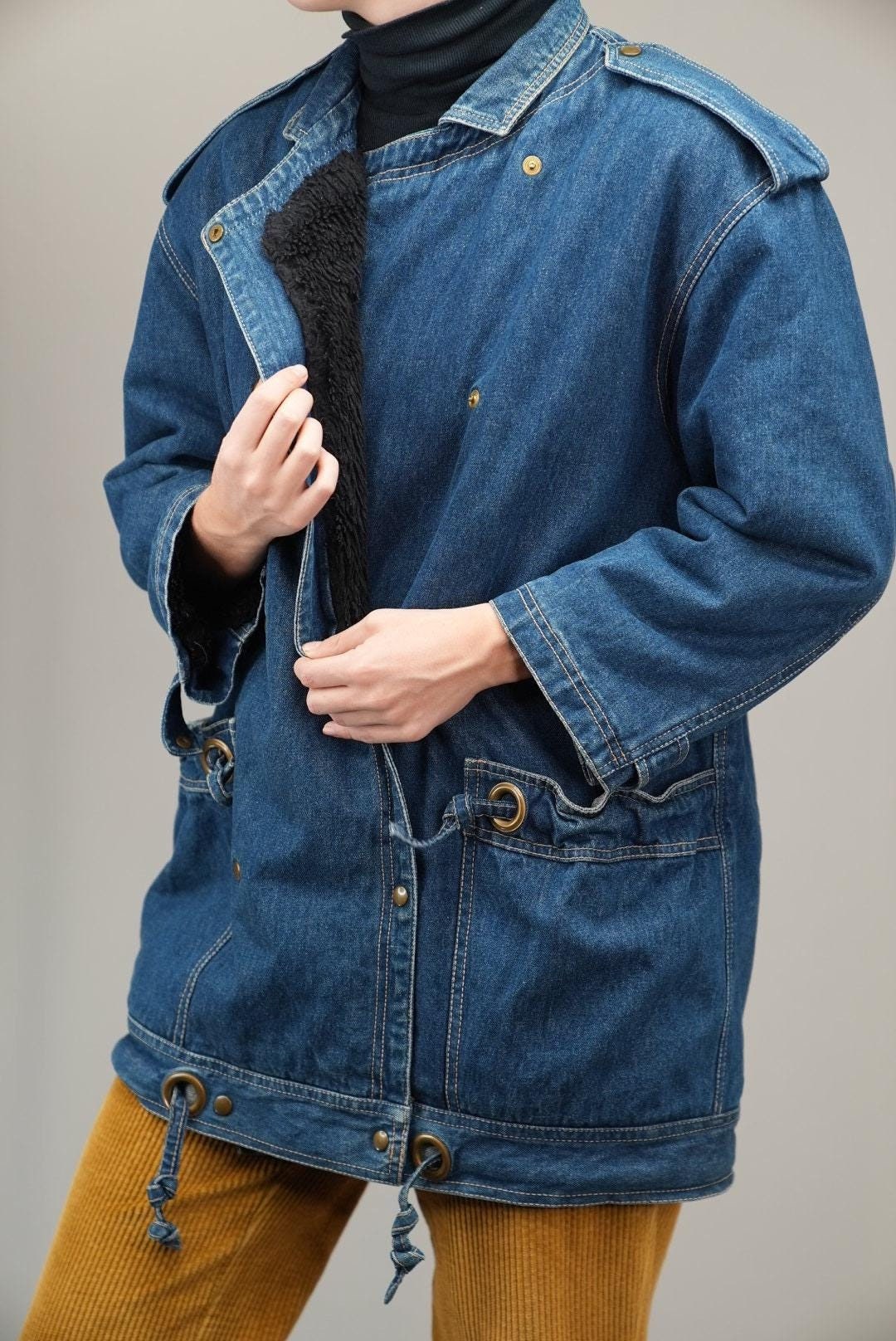 Cozy Vintage Denim Coat With Faux Fur Lining | Double-breasted
