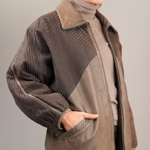 Veste en cuir vintage Pancaldi pour femme des années 1980 | Veste en daim douce à rayures (moka et taupe) | Grande taille