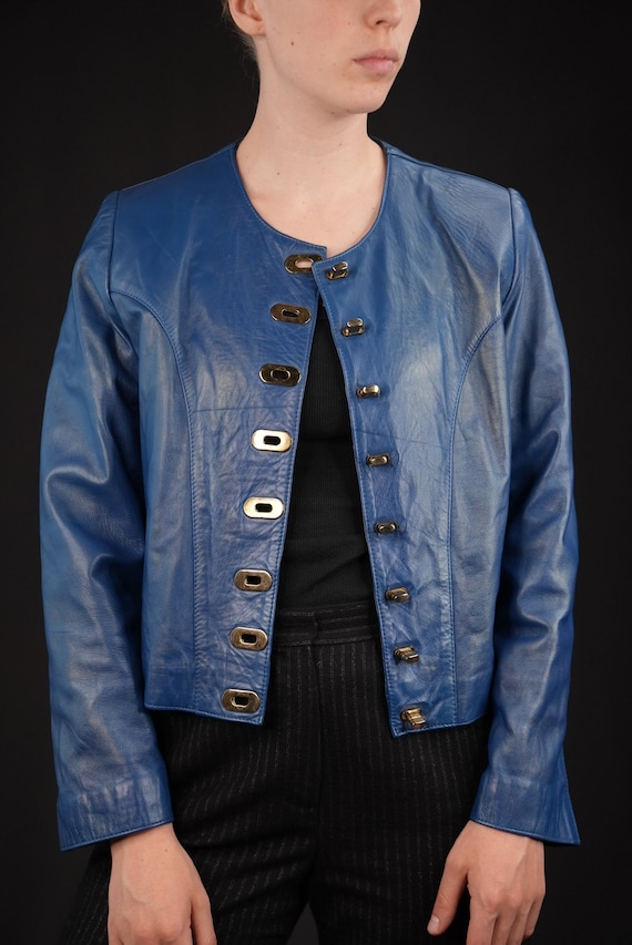 Cobalt Blue Vintage Leather Jacket Cropped with G… - image 7
