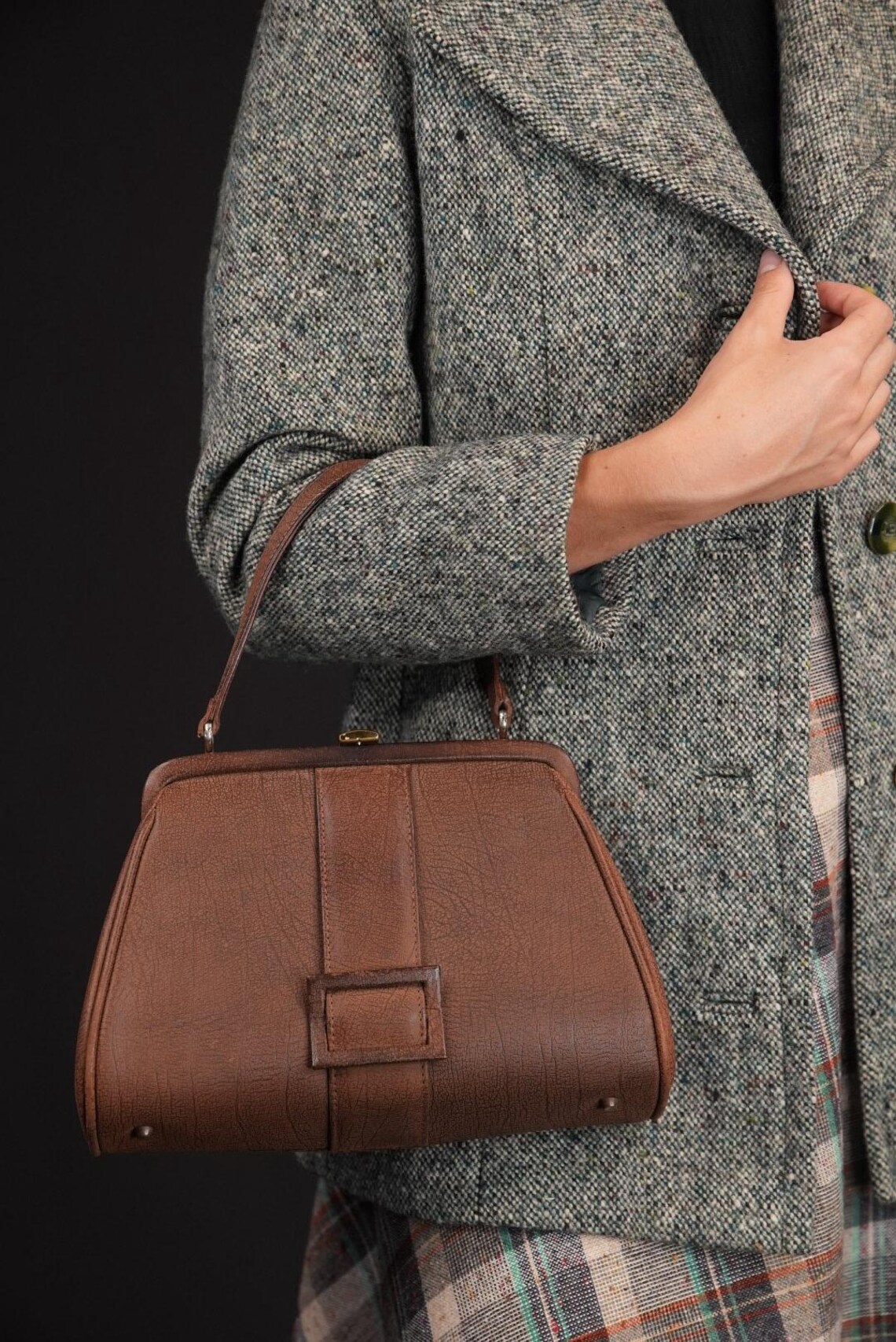 Mid-century Leather Handbag in Toffee Brown | Women's Vintage Handbag 1960s | Desiree Bag, photo 2 sur 5