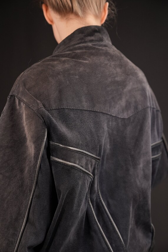 Suede Leather Blouson Jacket Vintage in Dark Blue… - image 6