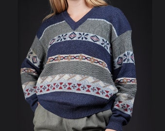 Vintage Sweater 80s 90s patterned grey blue | 10% alpaca