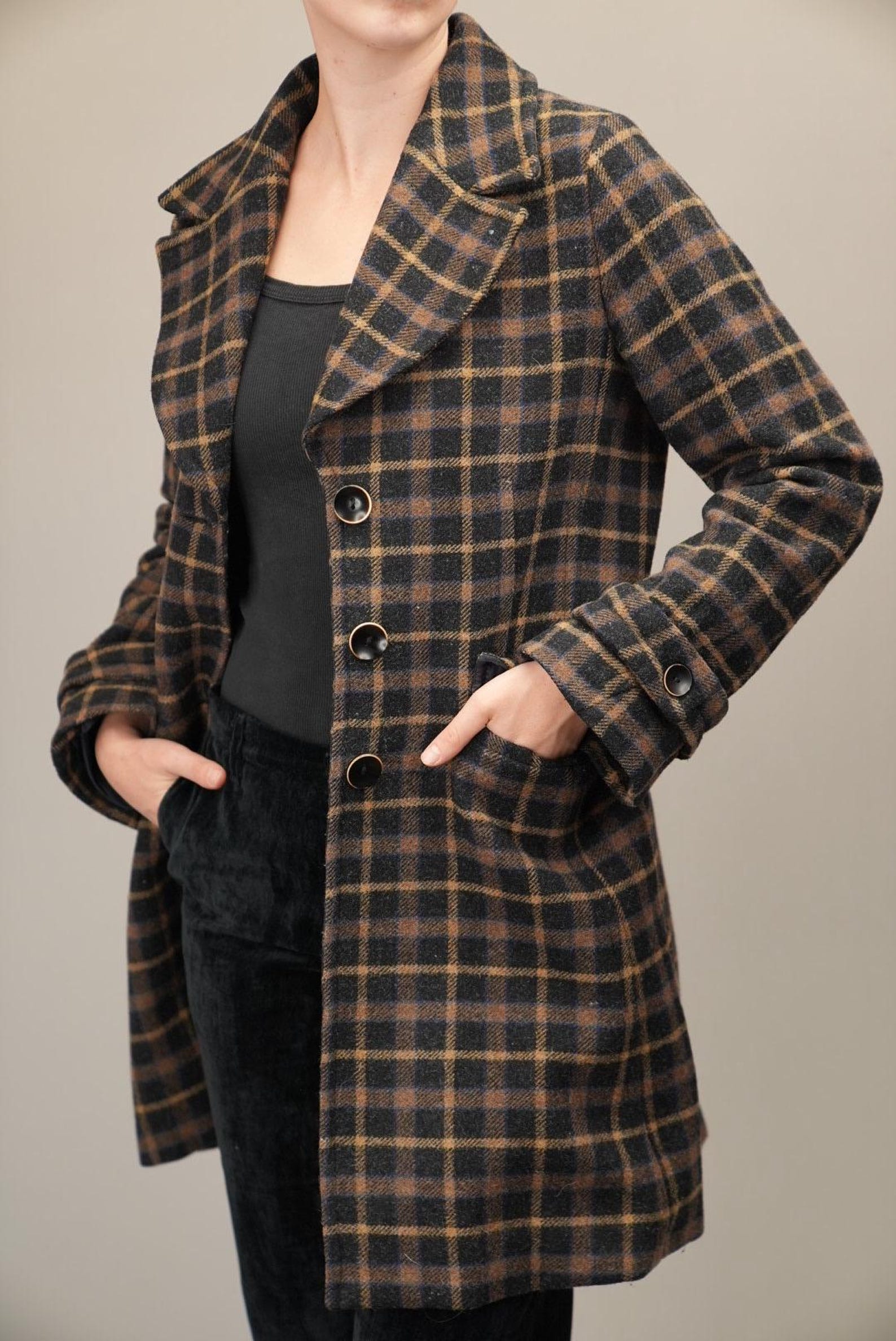 Stefanel 90s Wool Coat With Checkered Pattern | Women's Size M ...