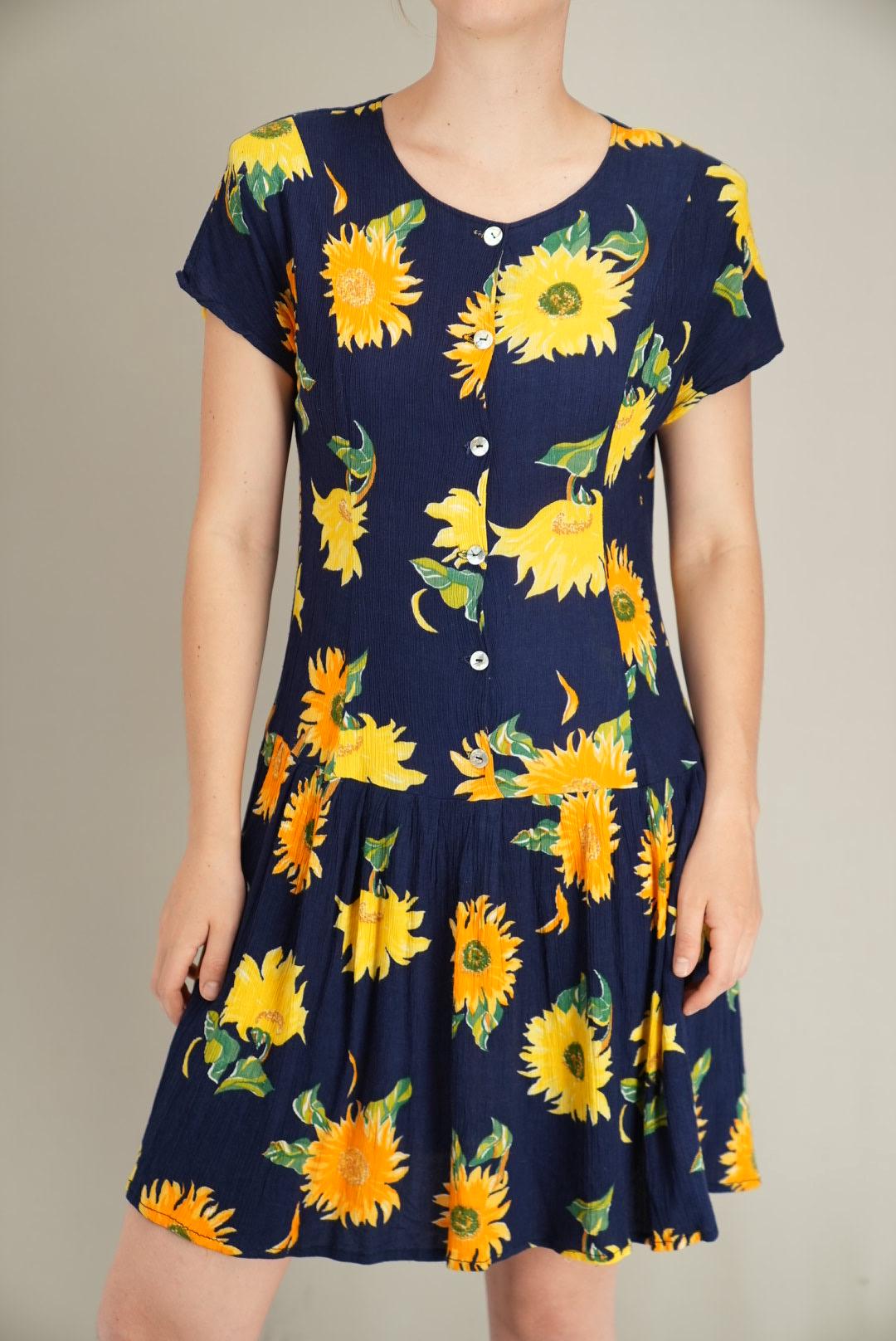 90s Sunflower Print Viscose Dress | Navy Floral Drop Waist Dress
