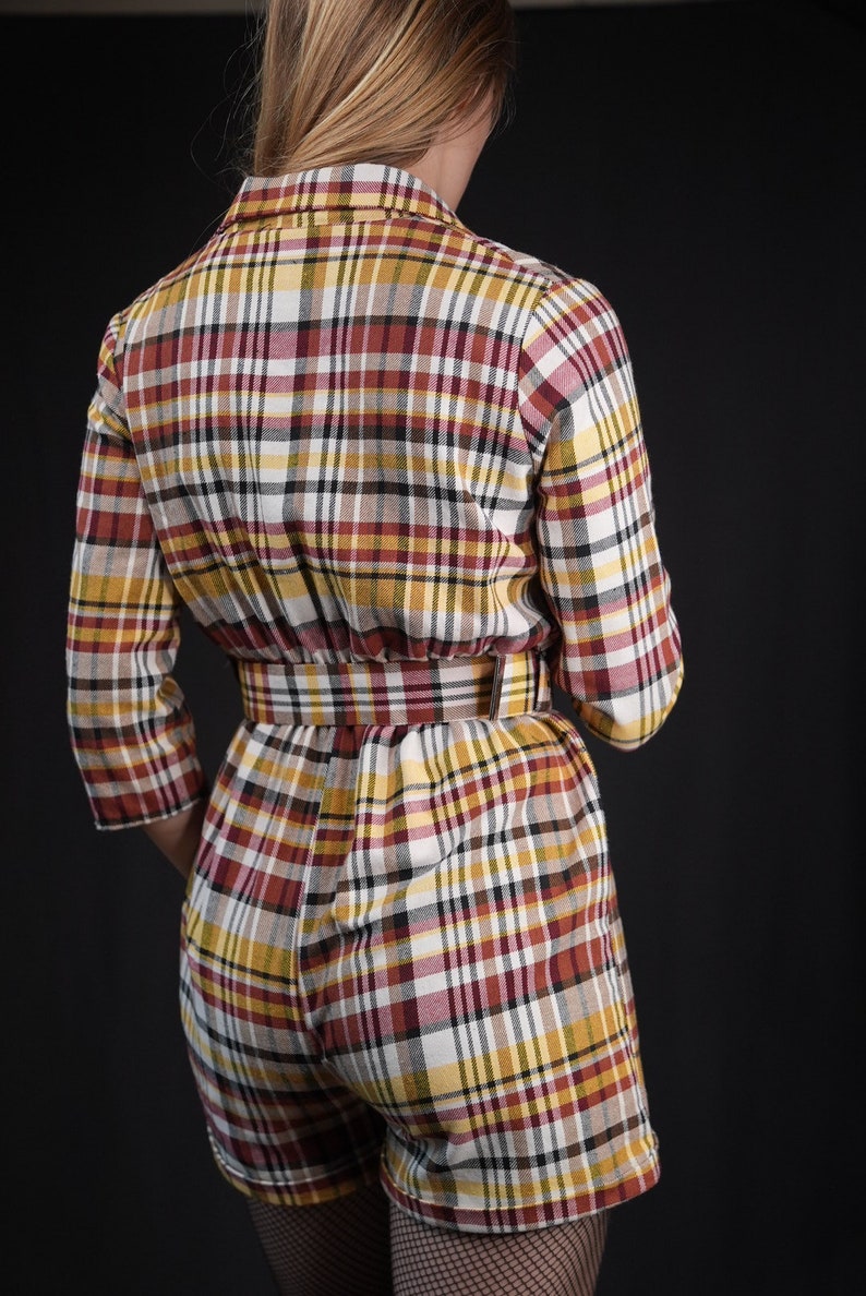 Vintage Jumpsuit Checkered with Belt Womens Playsuit Tartan image 3