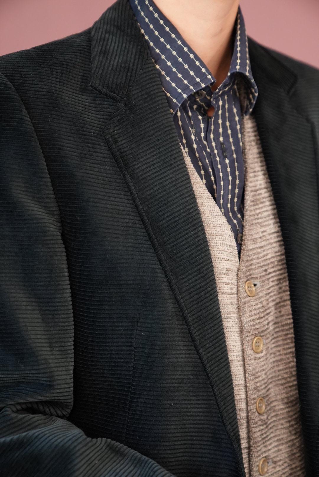 80s】Euro Vintage Black Corduroy Coat 80s Ruffled Black Corduroy