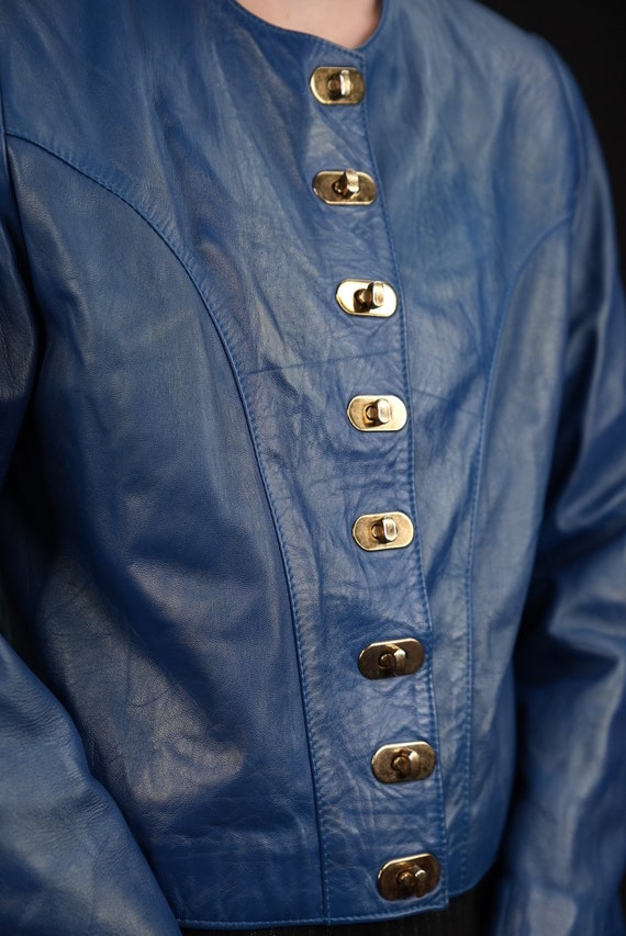 Cobalt Blue Vintage Leather Jacket Cropped with G… - image 4