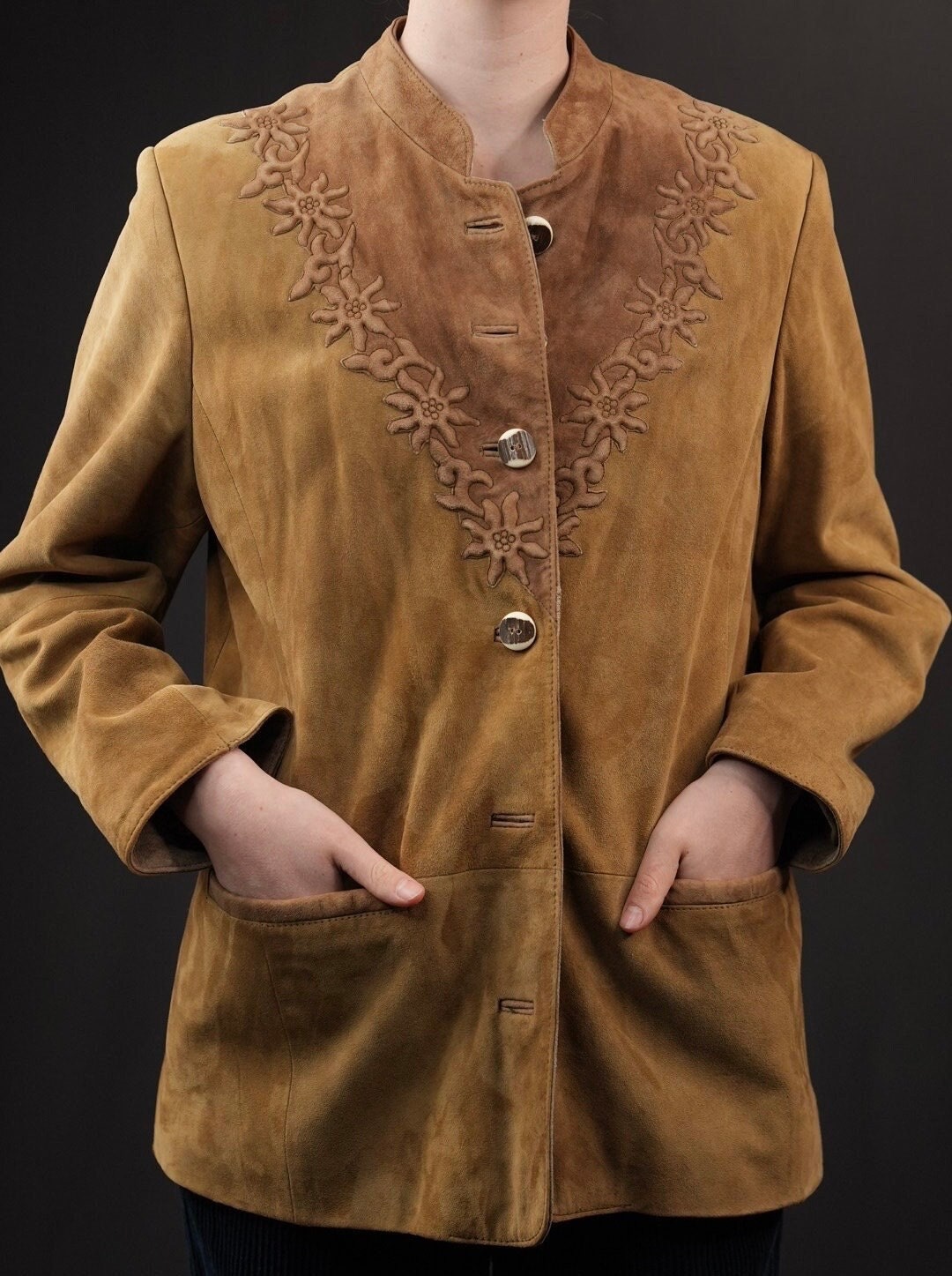 Alpine Flower Suede Leather Jacket Vintage, Traditional Austrian