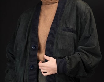 Vintage Suede Bomber-jacket in Dark Pigeon Blue | Men's S | Women's M | Made in Italy, 80s