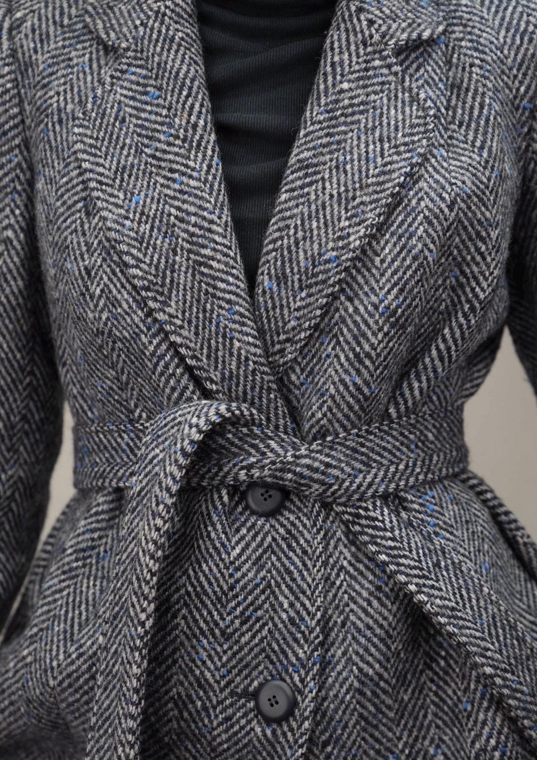 Classic Herringbone Coat in Blue With Speckles | Vintage