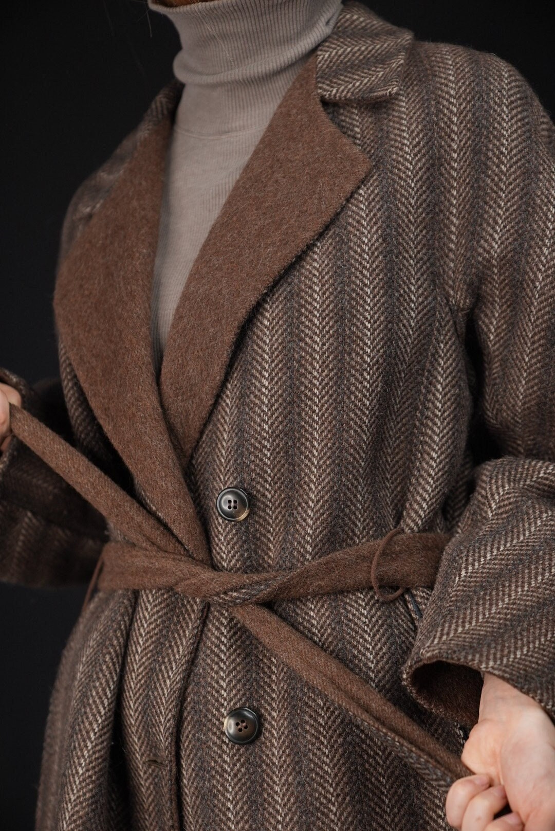 Pure Alpaca Coat With Herringbone Pattern | 100% Alpaca
